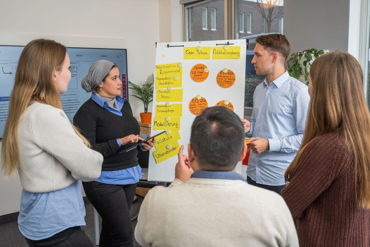 Mehrere Personen stehen vor einer bestückten Flipchart